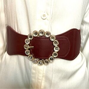 Burgundy PU leather circle buckle rhinestone details elastic waistband belt
